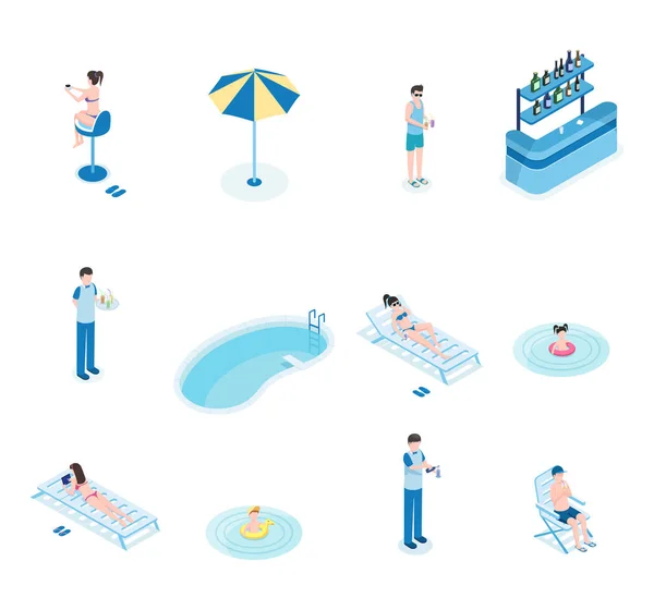 Juego de ilustraciones vectoriales isométricas de ocio estival. Turistas, camarero y camarero personajes de dibujos animados en 3D. Mujeres tumbadas en chaise lounges, hombre con cócteles, niños nadando, piscina vacía — Vector de stock