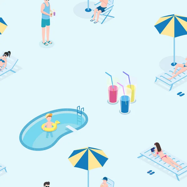 Yaz rekreasyon düz vektör sorunsuz desen. Genç turistler havuz da dinleniyor el doku, tatil sezonu, turizm dekoratif zemin çizilmiş. Ambalaj kağıdı, duvar kağıdı, tekstil biyometrik tasarım — Stok Vektör