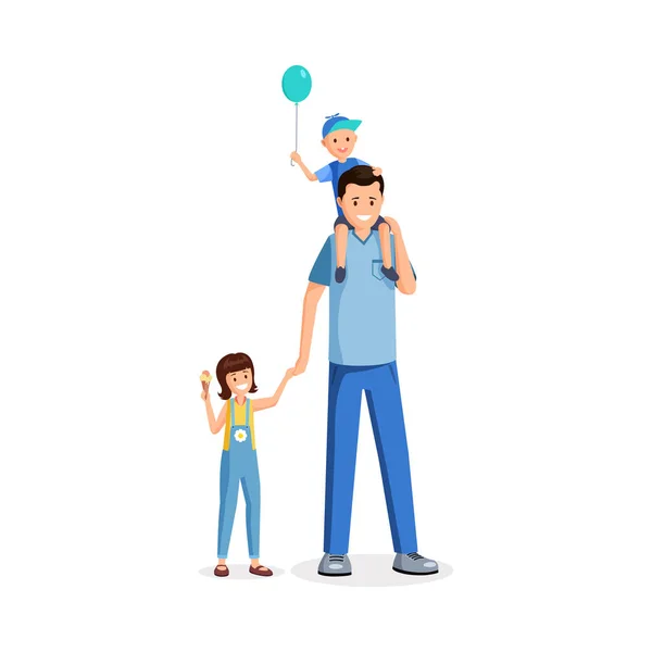 Father standing with kids flat vector illustration. Babysitter, young parent celebrating family holiday with children cartoon characters. Man holding happy daughter hand, carrying son on shoulders — Stock Vector