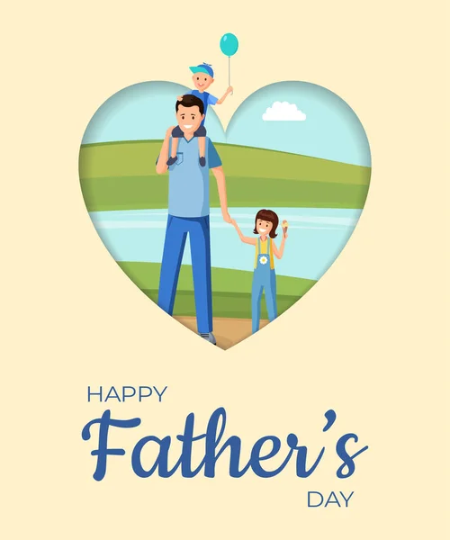 Fatherhood holiday flat banner vector layout. Happy parenting, festive greeting card cartoon concept. Family celebrates father day together, parent and children on walk illustration with typography