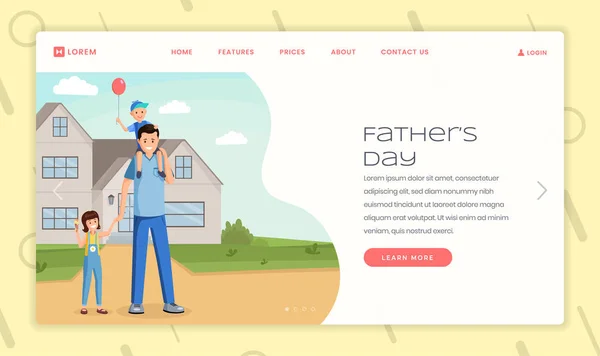 Plantilla de vector de landing page de vacaciones de paternidad. Día del Padre, página web de la paternidad idea de interfaz con ilustraciones planas. Concepto de dibujos animados de banner web con padres e hijos de pie afuera — Vector de stock