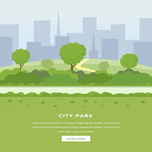 Moderne stadspark vector landing page. Groene bomen en struiken loopbrug, wolkenkrabbers cityspace, buiten recreatie op de natuur openbare ruimte. Recreatieve stadspark, botanische tuin kleur website Homepage — Stockvector