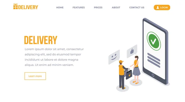 Dostawa izometryczny szablon wektora strony docelowej. Usługa ekspresowej dostawy, wysyłka towarów, Strona internetowa zamawiania online. Młoda kobieta, kurierskie dostarczanie zamówienia w punkcie docelowym koncepcja 3D — Wektor stockowy