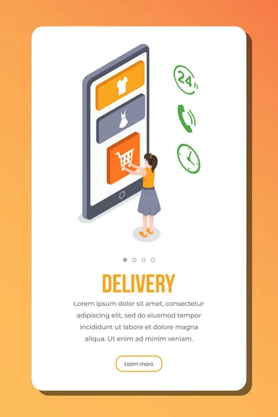 Lieferung isometrische App-Seite Vektor-Vorlage. weibliche Kundenbestellung Online-Versand. Responsive Smartphone onboarding Website-Design, Web-Seite walkthrough Schritte — Stockvektor