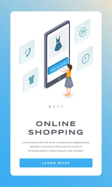 On-line Shopping izometrická šablona vektorové stránky aplikace. Žena, která používá internetový obchod k nákupu oděvů. Reagující návrh webových stránek pro smartboarding, Názorný postup — Stockový vektor