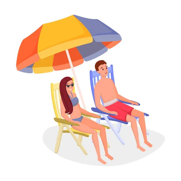 더운 날에는 우산 아래에서 휴식을 취하십시오. 남자 친구와 함께 열대 리조트에서 일광욕, 남편 플랫 벡터 일러스트. 여름을 보내고, 열대 섬, 해변 만화 개념에서 휴가 — 스톡 벡터