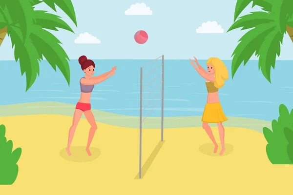 Jugando voleibol playa en vacaciones de verano. Disfrutando de juego de pelota con un amigo en la costa del océano ilustración vector plano. Estilo de vida saludable, mantenerse en forma con el concepto de dibujos animados actividades de verano — Archivo Imágenes Vectoriales