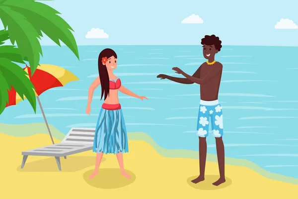 Férias de verão no resort tropical de luxo. Casal bonito, namorada e namorado reaxing na ilustração personagem cartoon beira-mar. Experienciando a cultura estrangeira, as tradições conceito vetor plana — Vetor de Stock