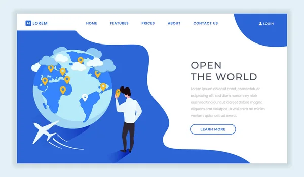 Travel agency isometric landing page template. Open new countries, world motto, slogan on tourist agency webpage. Cartoon man, traveler choosing locations, destinations on globe, continents map