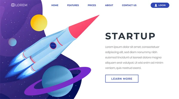 Opstart ideeën isometrisch bestemmingspagina sjabloon. 3D ruimteschip, raket vliegen in de ruimte, het verlaten van het zonnestelsel. Beginnende nieuwe onderneming, lancering innovatieve startups website paginaontwerp lay-out — Stockvector