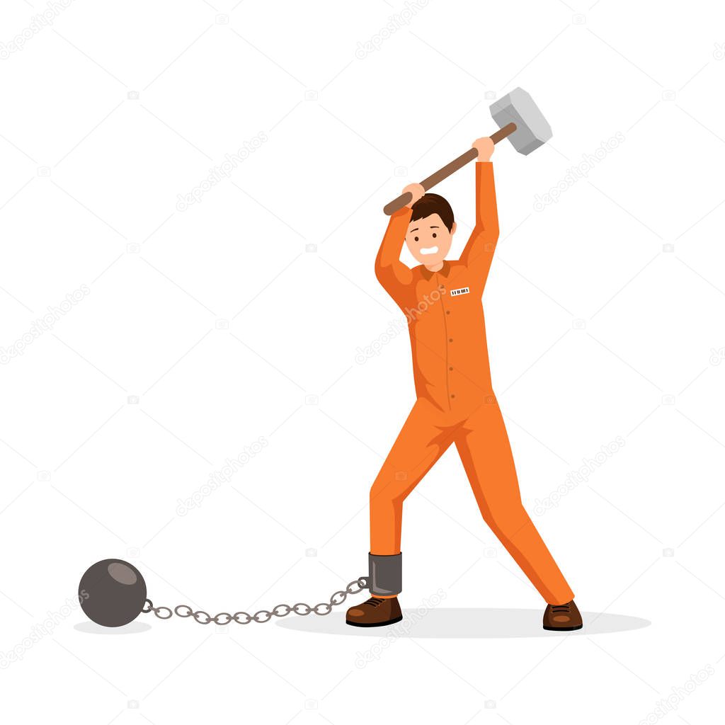 Prisoner breaking shackles flat vector illustration. Man in prison uniform holding huge sledge hammer, trying to break chain with ball. Avoiding responsibility burden, mental pressure metaphor