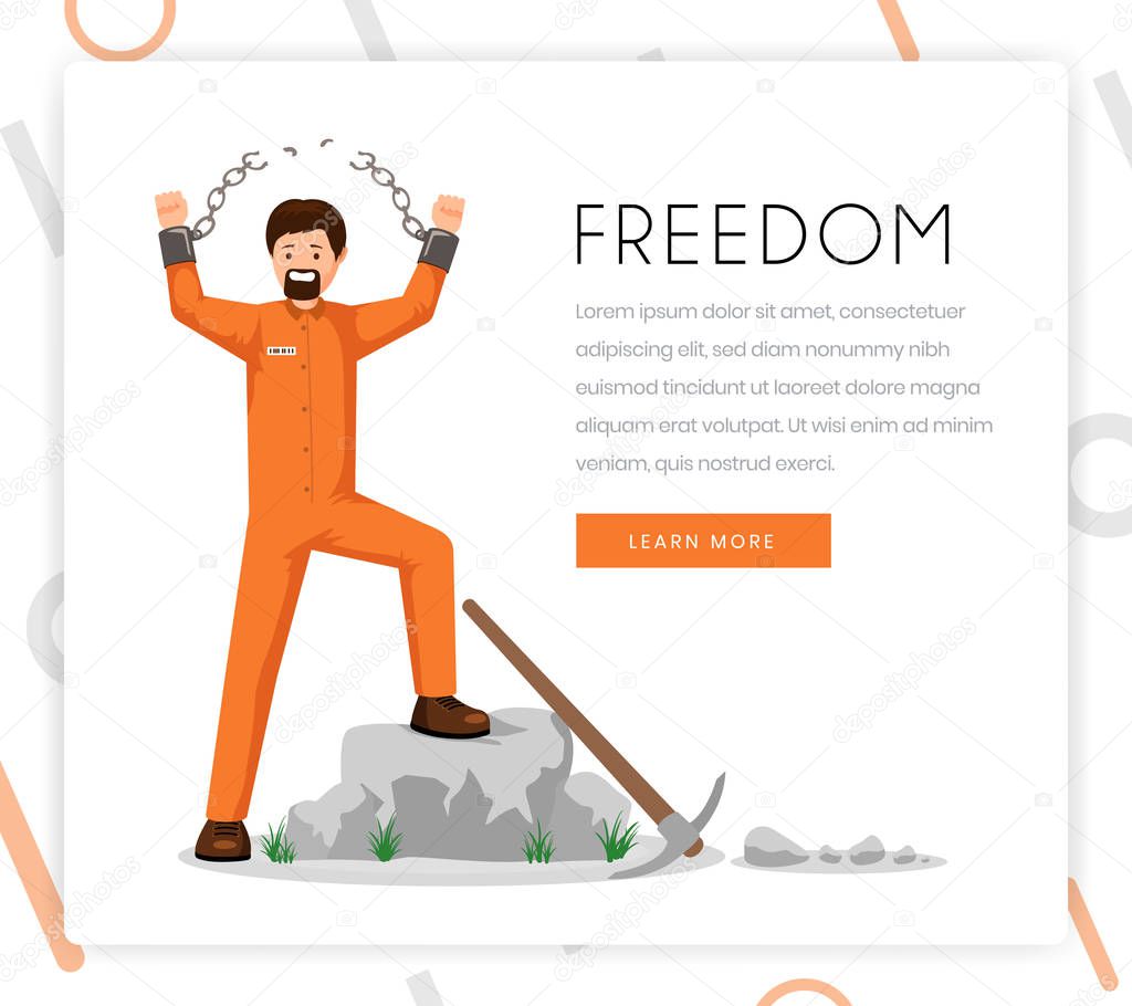Freedom fighter vector landing page template. Liberated prisoner, convict in uniform with broken shackles with victorious gesture flat character. Human rights organization homepage design layout