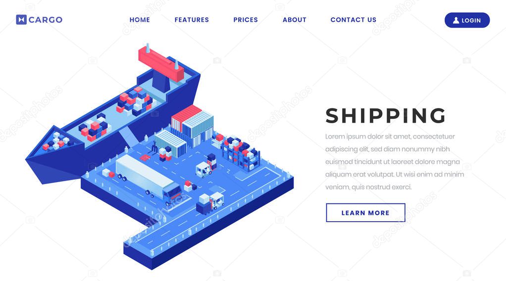 Shipping business landing page vector template. Commercial transportation website homepage interface idea with isometric illustrations. Shipment import and export web banner, webpage cartoon concept