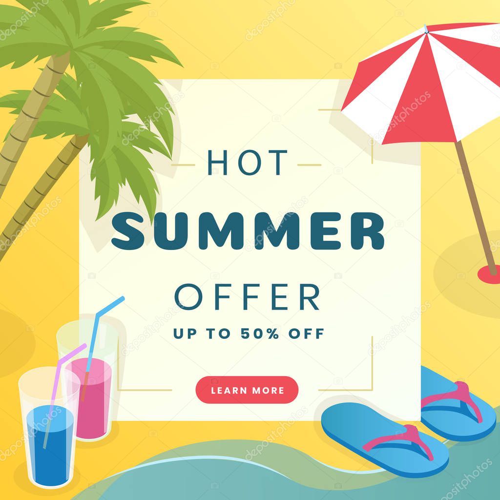 Summer sale social media banner template. Tropical resort, tourist agency advertising poster concept. Palm trees, flip flops, umbrella and cocktails flat vector illustration with typography