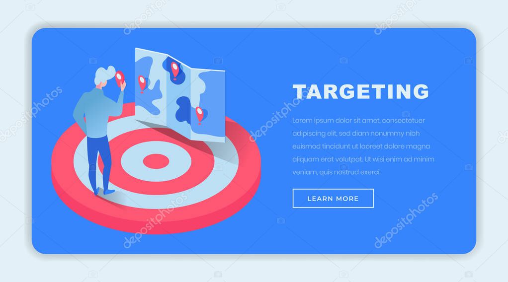 Targeting isometric landing page template. 3d finance expert, investor, businessman on dartboard choosing future projects niche on map. Targeted marketing consultancy website page design layout