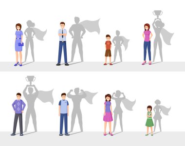 Liderlik düz vektör illüstrasyon. Süper kahraman gölge, kendine güvenen erkek, kadın ve çocuk çizgi film karakterleri ile mutlu insanlar. Hırs, cesaret, başarı ve motivasyonun sembolü