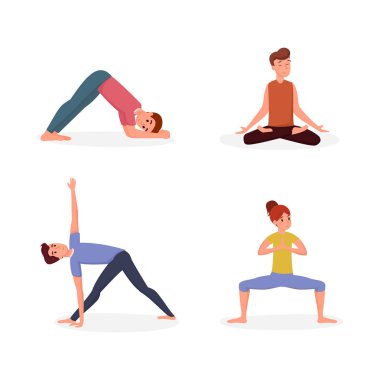 Yoga dersi düz vektör illüstrasyon seti. İnsanlar yoga asanas erkek ve kadın egzersiz yapıyor, çizgi film karakterleri germe. Jimnastik, spor eğitimi, meditasyon beyaz arka plan izole