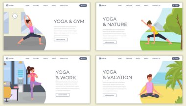 Yoga düz açılış sayfası vektör şablonu seti. Doğa web sitesi, web sayfasında Yoga sınıfları. Plajda erkek ve kadın eğitim, yogi konsantre ve germe, meditasyon insanlar çizgi film karakteri