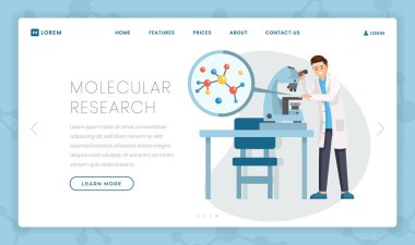 Moleküler araştırma düz açılış sayfası şablonu. Mikroskoptaki molekül yapısını inceleyen çizgi film bilimcisi. Viroloji, bakteriyoloji test programları promo web sayfası tasarımı için Hi-tech laboratuvar ekipmanları