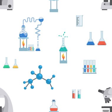 Laboratuvar ekipmanları düz vektör dikişsiz desen. Test tüpleri, kimya gagaları, ölçüm kapları. Laboratuvar mikroskobu, şişe ısıtma sistemi, molekül, virüs yapısı duvar kağıdı, ambalaj kağıdı tasarımı