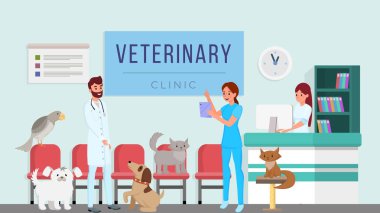 Veteriner kliniği düz vektör illüstrasyon. Veterinerler, evcil hayvanları kontrol profesyonel veterinerler, evcil hayvan sağlık çizgi film karakterleri. Doktor asistanı, hastane resepsiyonist planlaması hastaları
