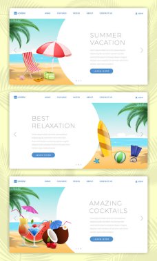 Yaz tatili açılış sayfaları ayarlandı. Sakin sahil dinlenme, aktif su sporları, açık hava etkinlikleri. İnanılmaz yaz tatlılar, aperatifler, kokteyller ve içecekler web sitesi sayfa tasarım düzenleri