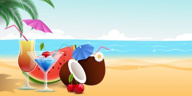 Yaz yemekleri, içecek vektör illüstrasyon. Tatlı meyve tatlılar, karpuz dilimi ve kiraz. Yaz kokteylleri, pina colada, kumlu plajda profesyonel bar cam vermut