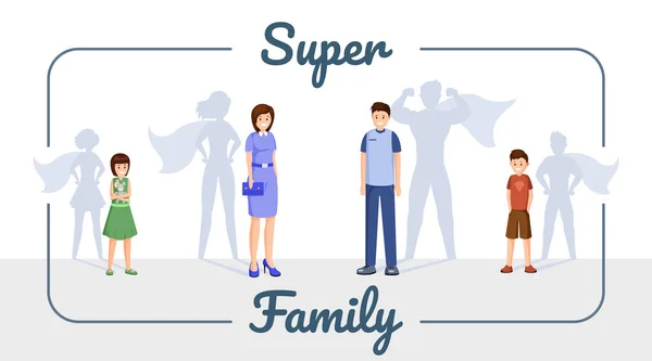 Super familie vector banner sjabloon. Lachende familie, uitstekende moeder, vader en kinderen met superheld Shadow cartoon personages in frame. Succesvolle mensen, gelukkige zoon en dochter — Stockvector