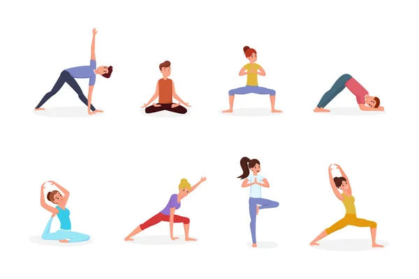 Orang-orang yang membuat ilustrasi vektor yoga. Orang dengan postur yoga, pria dan wanita memegang asana dan berolahraga karakter kartun. Senam, olahraga pelatihan, meditasi terisolasi pada latar belakang putih - Stok Vektor