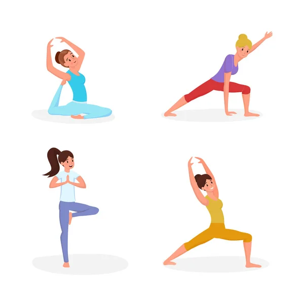 Wanita melakukan yoga vektor datar set ilustrasi. Perempuan dalam pose yoga, peregangan dan santai karakter kartun. senam, latihan dalam posisi yang berbeda terisolasi pada latar belakang putih - Stok Vektor