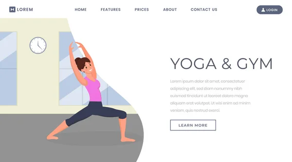 Yoga flat landing page vector tempt. Тренер по фитнесу, сайт тренировочного тела, веб-страница. Молодая девушка в тренажерном зале делает йогу, растяжения и упражнения, женщина расслабляющий мультяшный характер — стоковый вектор