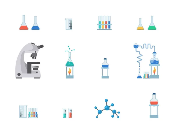 Equipo de laboratorio conjunto de ilustración vectorial plano. Tubos de ensayo, vasos de precipitados químicos con líquidos, vaso medidor aislado sobre fondo blanco. Microscopio de laboratorio, sistema de calefacción de frascos, estructura molecular — Vector de stock