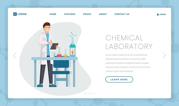 Laboratório químico modelo de página de destino plana. Pesquisador, cientista de jaleco branco descrevendo os resultados da reação química. Centro de pesquisa moderna, layout de design de página web laboratório inovador —  Vetores de Stock