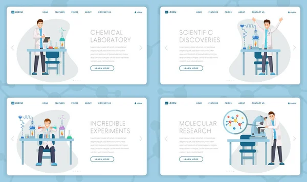 Conjunto de páginas de aterrissagem de vetor de laboratório químico. Pesquisadores de desenhos animados, cientistas fazendo testes, experimentos, estudando moléculas, fazendo descobertas. Layout de design de página do centro de pesquisa inovador —  Vetores de Stock