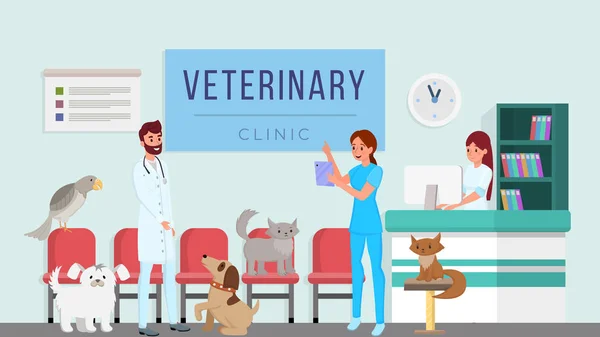 Veterinaire kliniek platte vector illustratie. Dierenartsen, professionele dierenartsen die huisdieren controleren, gezondheid tekenfilmpersonages. Artsen assistent, ziekenhuis receptionist planning patiënten — Stockvector