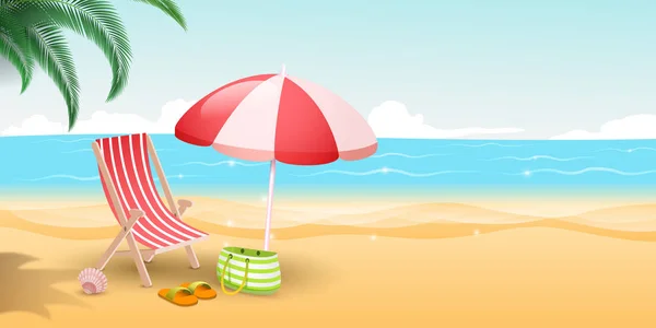 Illustrazione vettoriale tropicale del resort insulare. Paradiso dei viaggiatori con spiaggia sabbiosa, mare azzurro e palme. Sdraio a righe, ombrellone e borsa nella giornata di sole, vacanza al mare, relax estivo — Vettoriale Stock