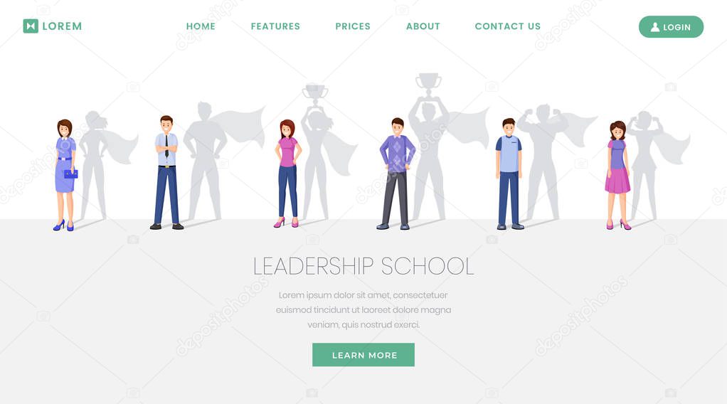 Leadership school landing page vector template. Training, seminars for leaders development website, webpage. Motivated people, man and woman with superhero shadow cartoon characters