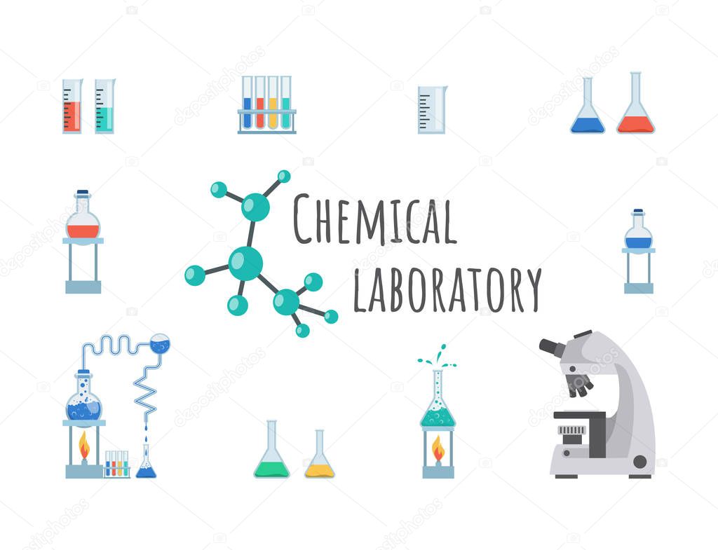 Chemical laboratory equipment banner template. Lab glassware, beakers, flasks and test tubes. Modern high precision microscope, measuring cup on innovative research center poster design