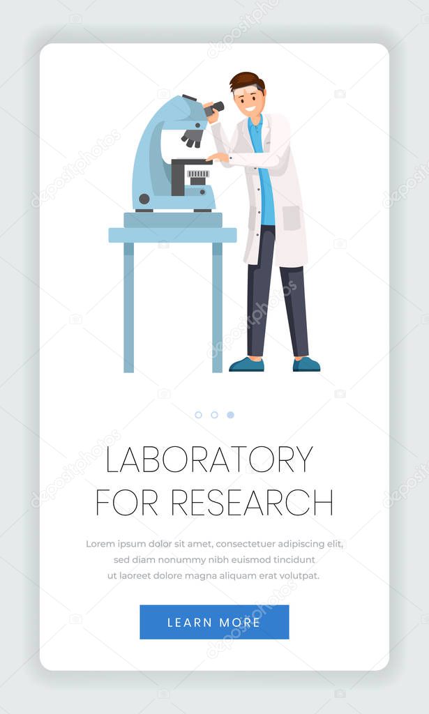 Research laboratory mobile webpage template. Lab worker, chemist, pharmacologist using microscope cartoon character. Innovative scientific discoveries mobile app website page design