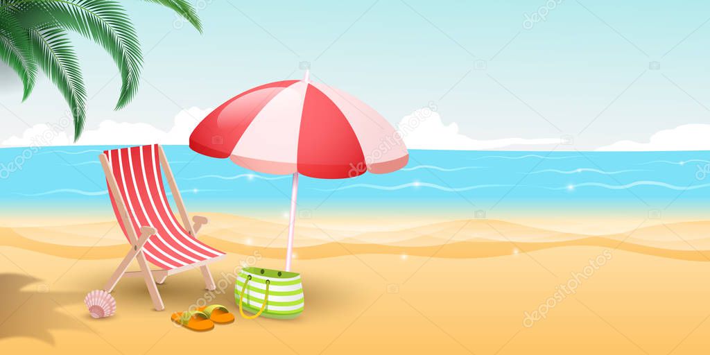 Tropical island resort vector illustration. Travelers paradise with sandy beach, blue sea and palm trees. Striped deckchair, umbrella and bag on sunny day, seaside vacation, summertime relax