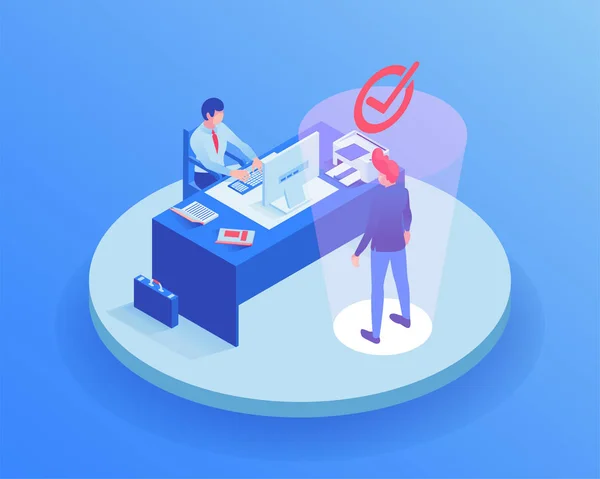 İş görüşmesinde aday isometrik illüstrasyon. İk ajan karakter işveren seçimi, okuma işçi Cv, özgeçmiş, nitelik. İstihdam hizmeti, modern headhunter ofis 3d clipart