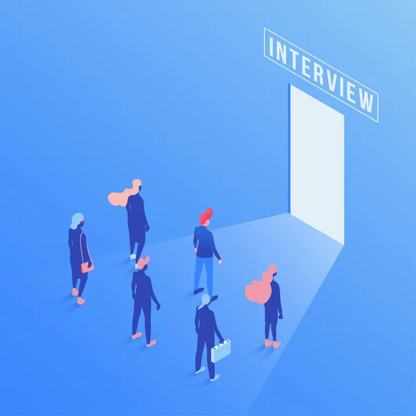 Candidates waiting job interview isometric illustration. Future career opportunities and goals metaphor, employees simple characters. Employment service, job vacancy 3d isolated color clipart