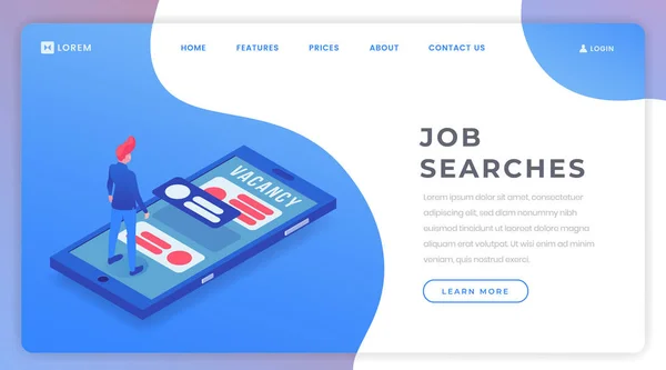 Jobbsökning isometrisk landningssida mall. Arbetslös man väljer lediga platser på Internet, med hjälp av mobil applikation webbplats hemsida. HR agent utstationering lediga online illustration — Stock vektor