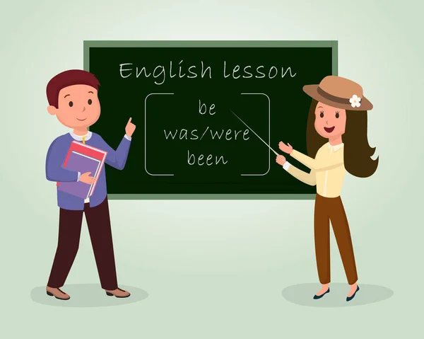 English lesson flat vector illustration. Tutor explaining, pointing at blackboard, English native speaker holding books characters. Foreign language class, grammar course isolated clipart