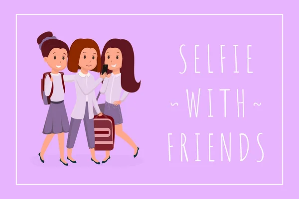 Selfie com amigos banner modelo plano. Estudante vestindo uniforme escolar, sorrindo e tirando fotos em personagens vetoriais de desenhos animados de smartphones. Colegas alegres, namoradas ilustração cor —  Vetores de Stock