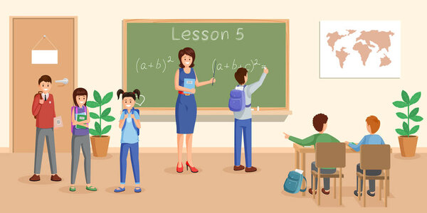 Mathematics lesson flat vector illustration. Cheerful teacher at chalkboard explaining maths to pupils cartoon characters. Schoolchildren study arithmetics, algebra formula, doing sums