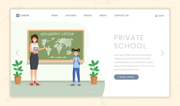 Landing Page Vorlage für Privatschulunterricht. Geografielehrerin erklärt süßen Schulmädchen-Zeichentrickfiguren die Lage der Kontinente. Eliteschule mit kindzentriertem Ansatz promo webpage design layout — Stockvektor