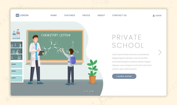 私立教育機関のランディング ページ テンプレート。黒板の化学教師と生徒が分子構造を教える。特別なプロフィール学校広告ウェブページのデザインレイアウト — ストックベクタ
