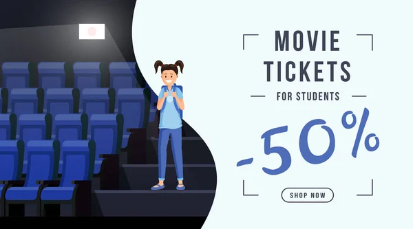 Kinokarten Verkauf Web-Banner Vorlage. Schulkinder besuchen das Kino mit 50 Prozent Ermäßigung. Kino Sonderpreis Angebot für College, Studenten, Promo-Coupon, Flyer-Design — Stockvektor