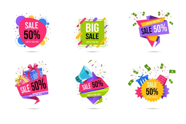 Shopping vente bannières web modèles ensemble. Temps limité moitié prix, 50 pour cent hors rabais offres spéciales pour les clients stickers pack. Campagne publicitaire dans les magasins, collection d'affiches promotionnelles — Image vectorielle